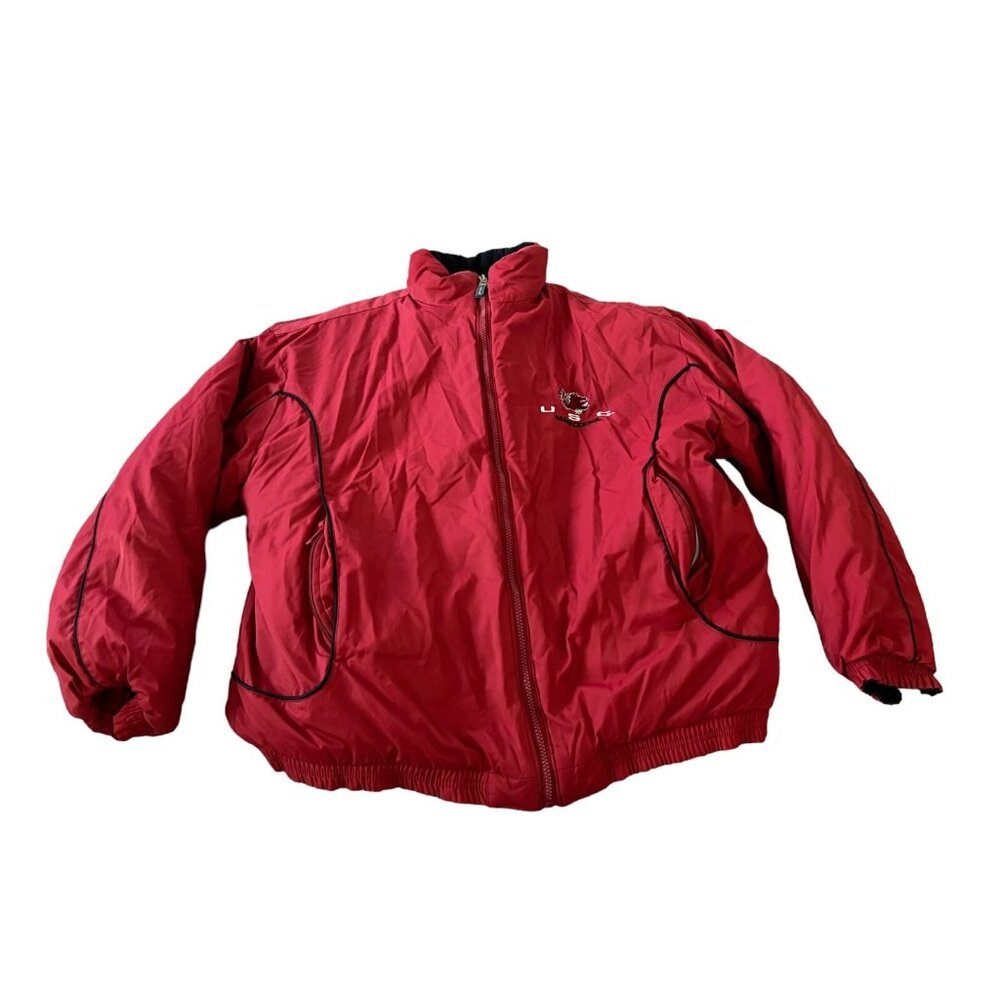 Active Mens Windbreaker Jacket Red Black Size XL Reversable Mock Neck USC Print